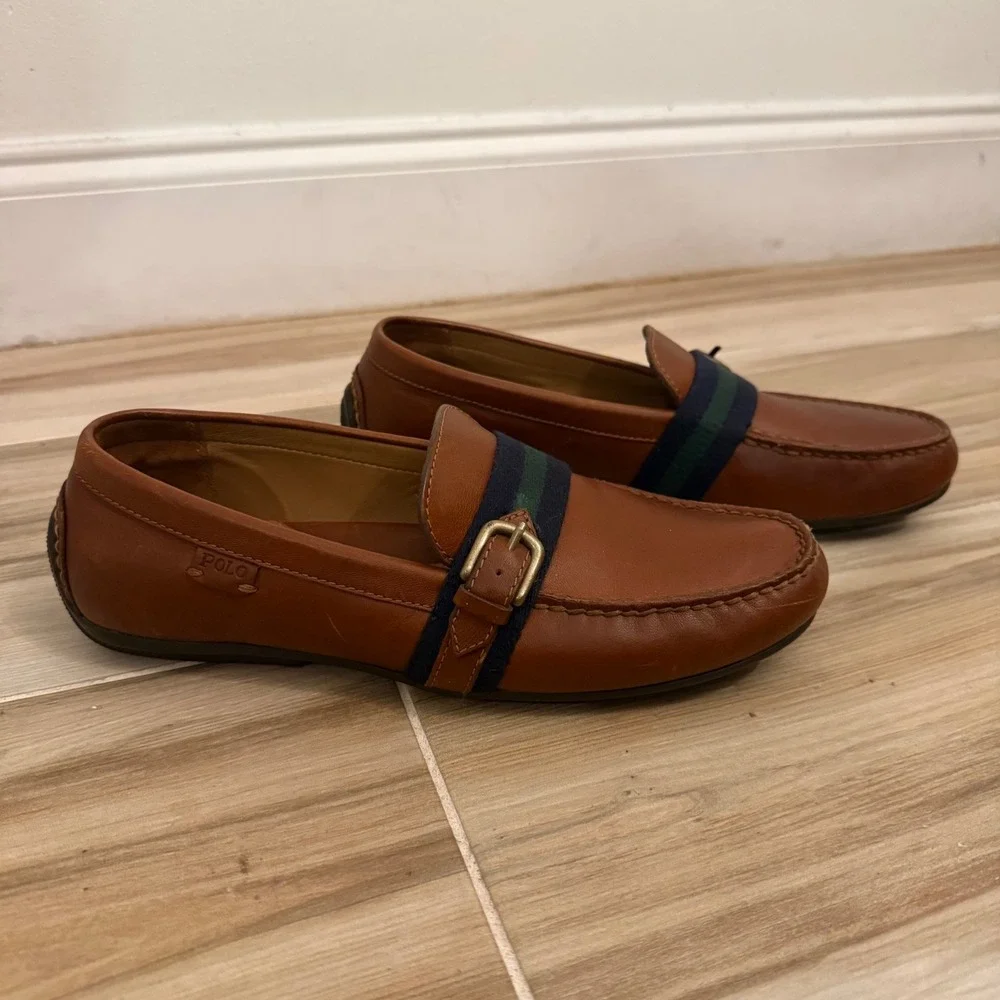 Polo Ralph Lauren Riali Mens Leather Driver Loafers Tan Brown Striped Buckle 9D